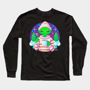 Christmas Funny Alien Drinking Coffee Wearing Sweater Long Sleeve T-Shirt